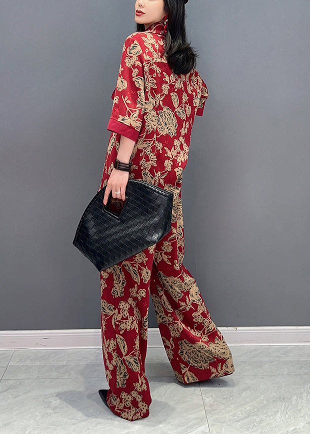 Red Print Patchwork Top And Wide Leg Pants Two Pieces Set Long Sleeve LC0308 - fabuloryshop