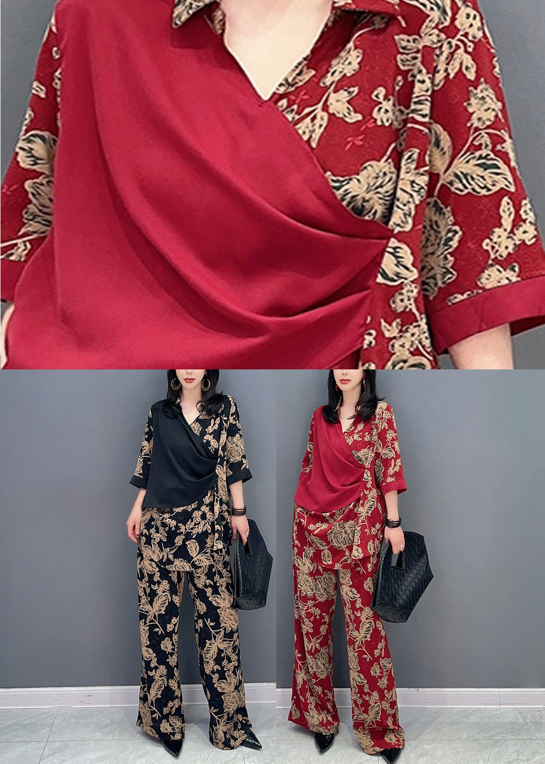 Red Print Patchwork Top And Wide Leg Pants Two Pieces Set Long Sleeve LC0308 - fabuloryshop