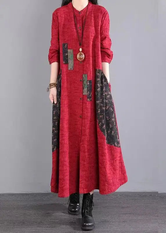 Red Print Pockets Patchwork Casual Cotton Long Dress Button Fall Ada Fashion