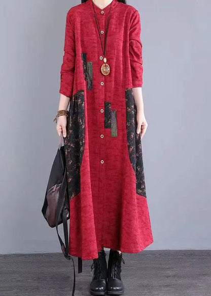 Red Print Pockets Patchwork Casual Cotton Long Dress Button Fall Ada Fashion