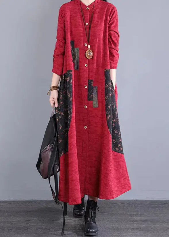 Red Print Pockets Patchwork Casual Cotton Long Dress Button Fall Ada Fashion