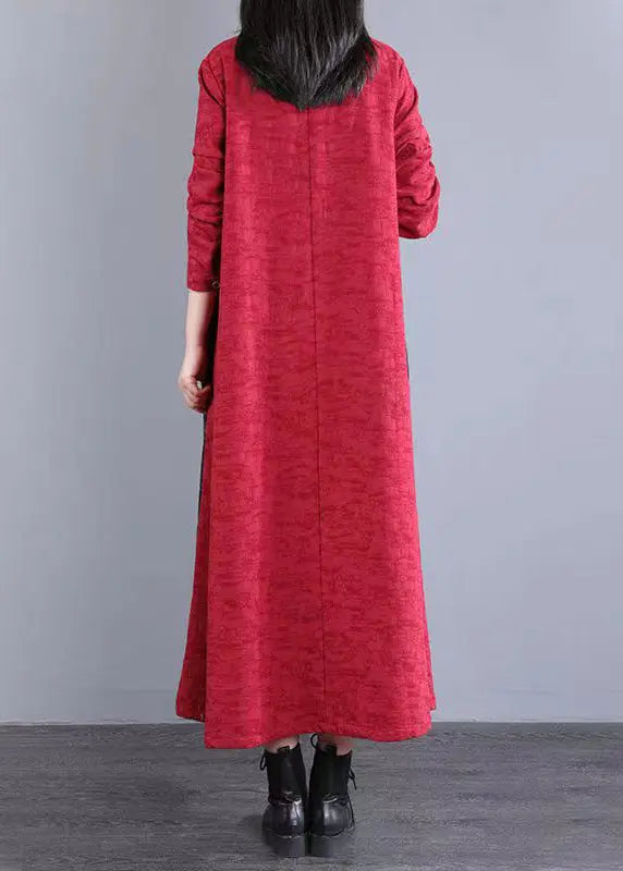 Red Print Pockets Patchwork Casual Cotton Long Dress Button Fall Ada Fashion