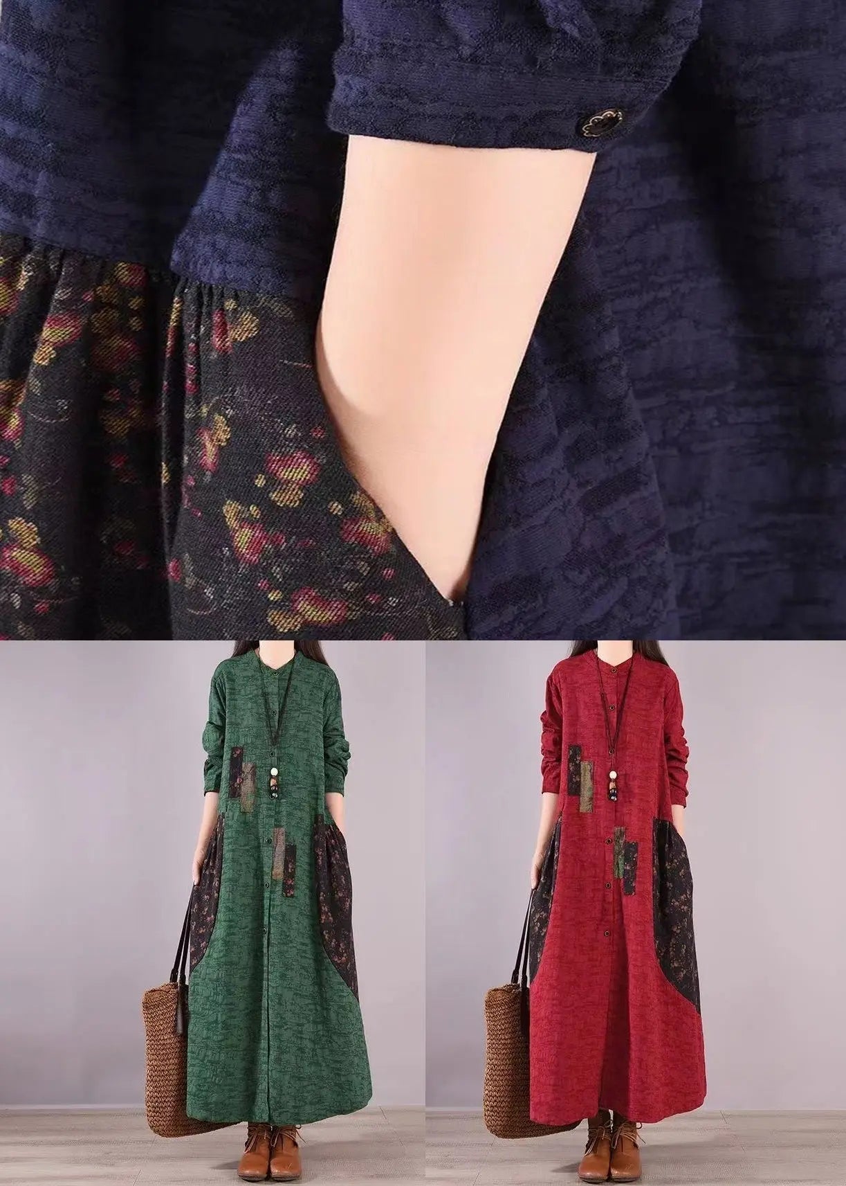 Red Print Pockets Patchwork Cotton Shirts Dresses Stand Collar Fall Ada Fashion