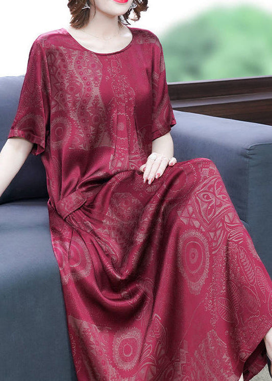 Red Print Silk Long Dress Oversized Pockets Wrinkled Summer LY3751 - fabuloryshop