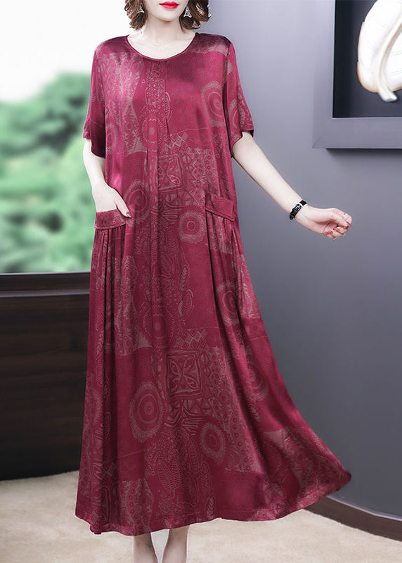 Red Print Silk Long Dress Oversized Pockets Wrinkled Summer LY3751 - fabuloryshop