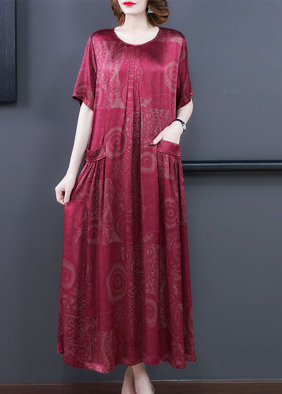 Red Print Silk Long Dress Oversized Pockets Wrinkled Summer LY3751 - fabuloryshop