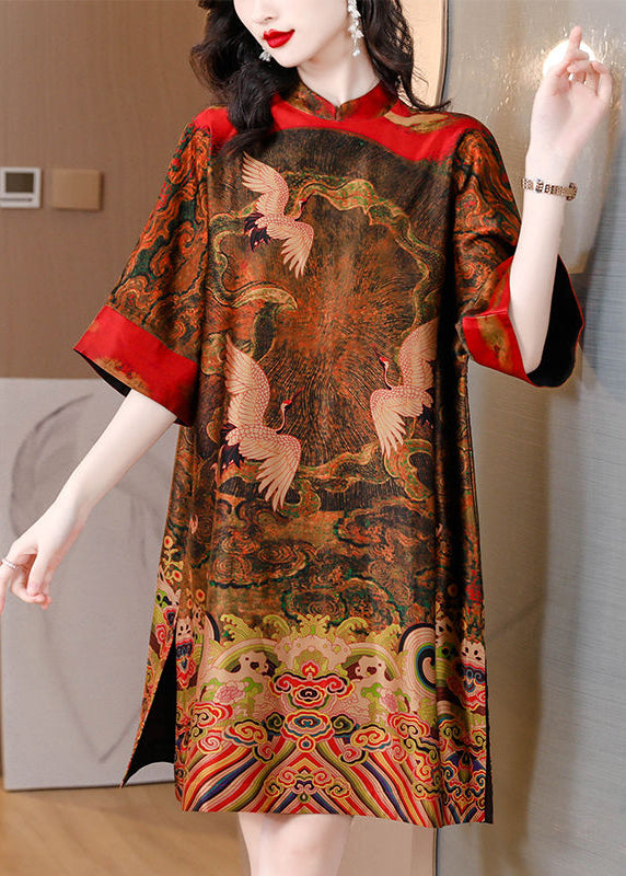 Red Print Silk Vacation Dresses Stand Collar Side Open Half Sleeve LY3744 - fabuloryshop