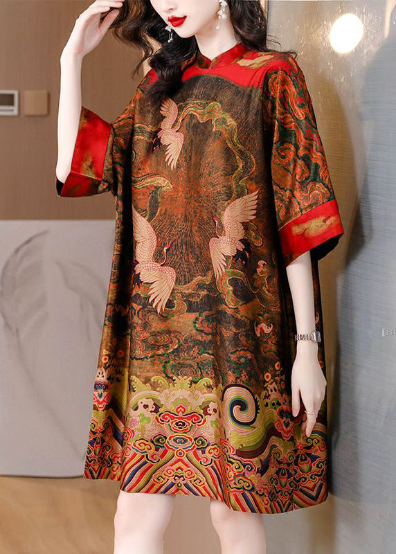 Red Print Silk Vacation Dresses Stand Collar Side Open Half Sleeve LY3744 - fabuloryshop