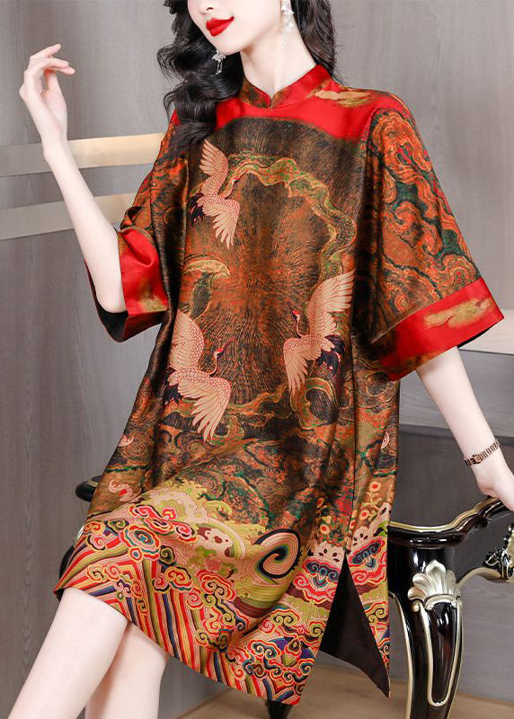 Red Print Silk Vacation Dresses Stand Collar Side Open Half Sleeve LY3744 - fabuloryshop