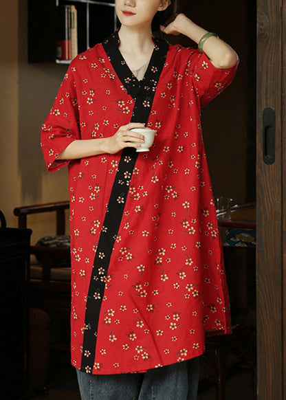 Red Side Open Patchwork Cotton Dress V Neck Half Sleeve Ada Fashion