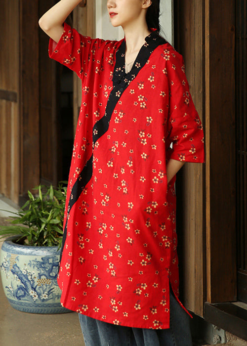 Red Side Open Patchwork Cotton Dress V Neck Half Sleeve Ada Fashion