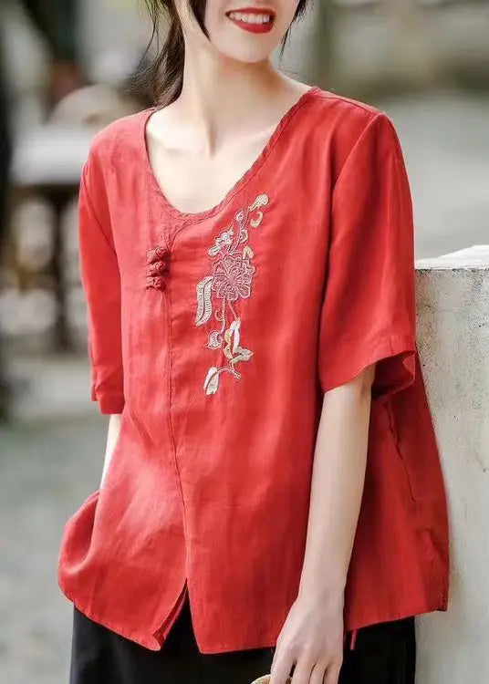 Red Side Open Patchwork Cotton T Shirt Embroideried Short Sleeve Ada Fashion