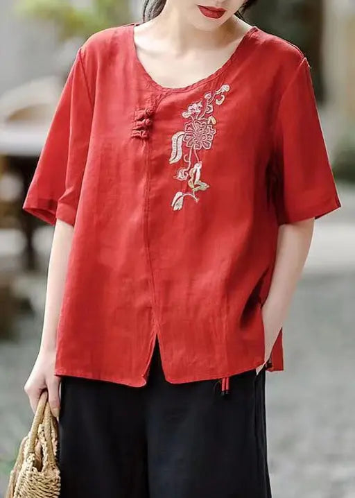 Red Side Open Patchwork Cotton T Shirt Embroideried Short Sleeve Ada Fashion