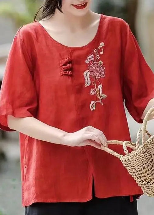 Red Side Open Patchwork Cotton T Shirt Embroideried Short Sleeve Ada Fashion