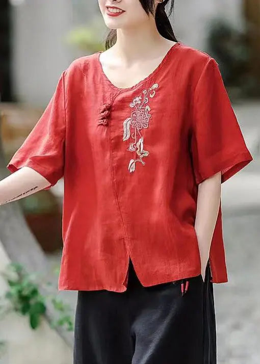 Red Side Open Patchwork Cotton T Shirt Embroideried Short Sleeve Ada Fashion