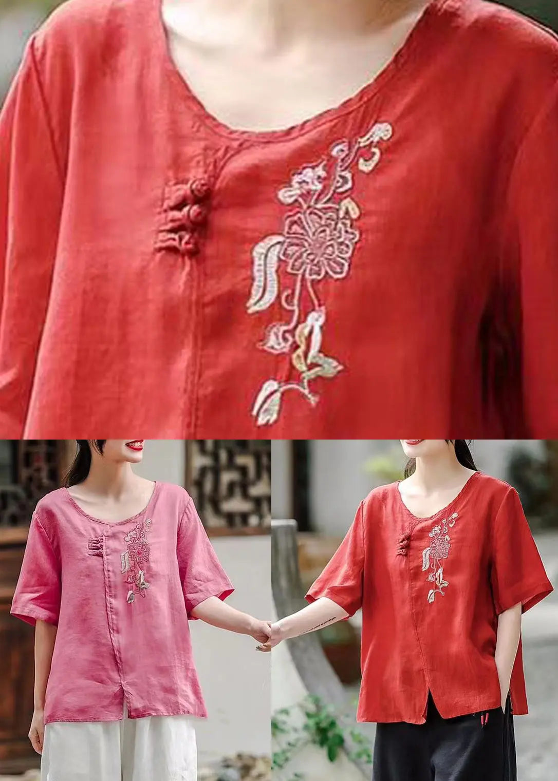 Red Side Open Patchwork Cotton T Shirt Embroideried Short Sleeve Ada Fashion