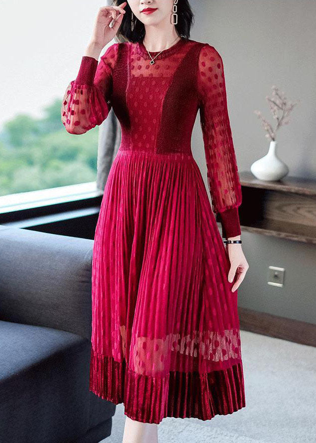 Red Slim Fit Tulle Pleated Dresses O-Neck Exra Large Hem Spring LC0068 - fabuloryshop