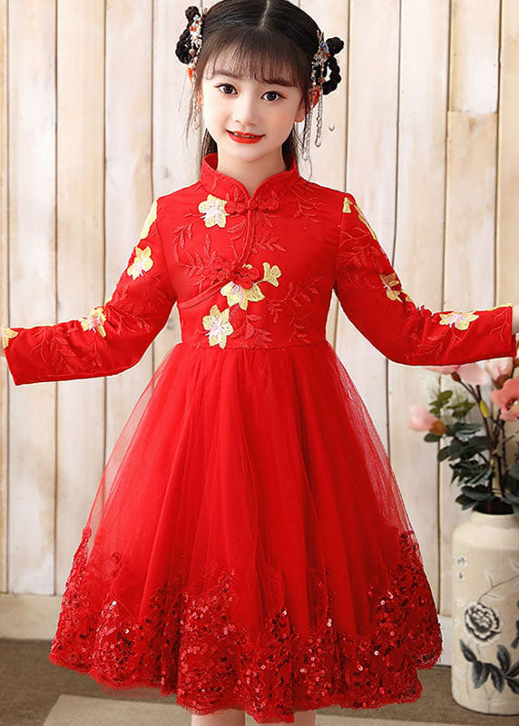 Red Stand Collar Sequins Tulle Kids Maxi Dress Long Sleeve Ada Fashion