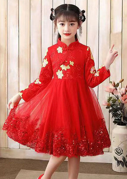 Red Stand Collar Sequins Tulle Kids Maxi Dress Long Sleeve Ada Fashion