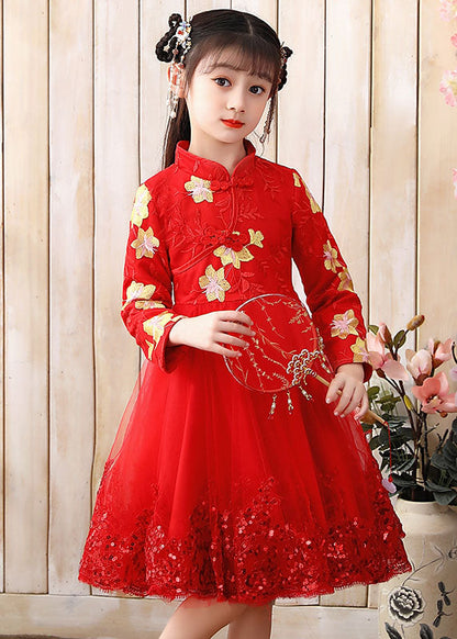 Red Stand Collar Sequins Tulle Kids Maxi Dress Long Sleeve Ada Fashion