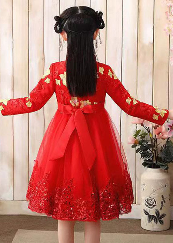 Red Stand Collar Sequins Tulle Kids Maxi Dress Long Sleeve Ada Fashion