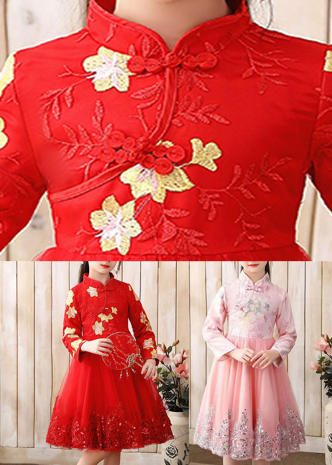 Red Stand Collar Sequins Tulle Kids Maxi Dress Long Sleeve Ada Fashion