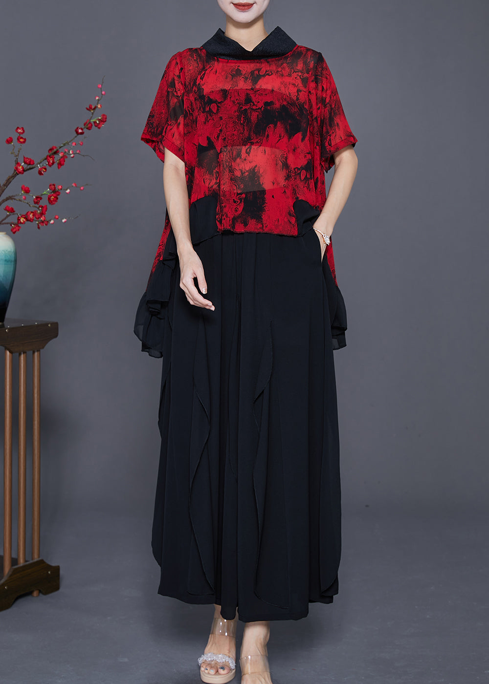 Red Tie Dye Chiffon Two Pieces Set High Neck Ruffles Summer LY7631 Ada Fashion