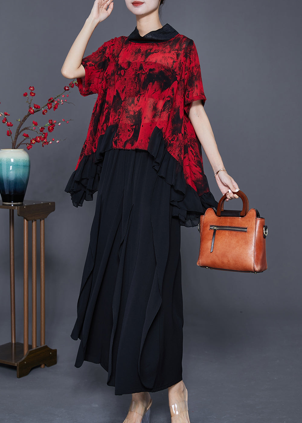 Red Tie Dye Chiffon Two Pieces Set High Neck Ruffles Summer LY7631 Ada Fashion