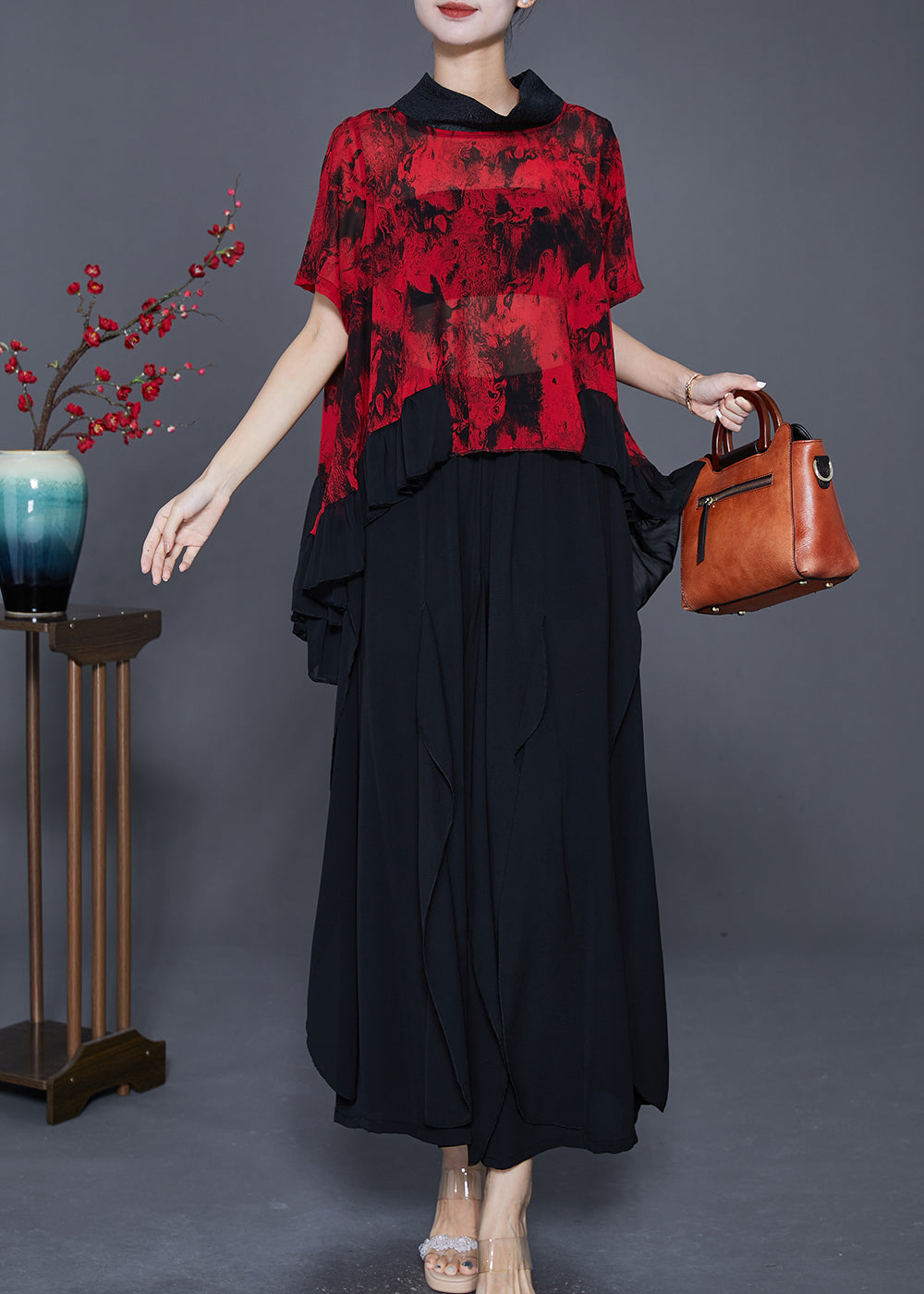 Red Tie Dye Chiffon Two Pieces Set High Neck Ruffles Summer LY7631 Ada Fashion