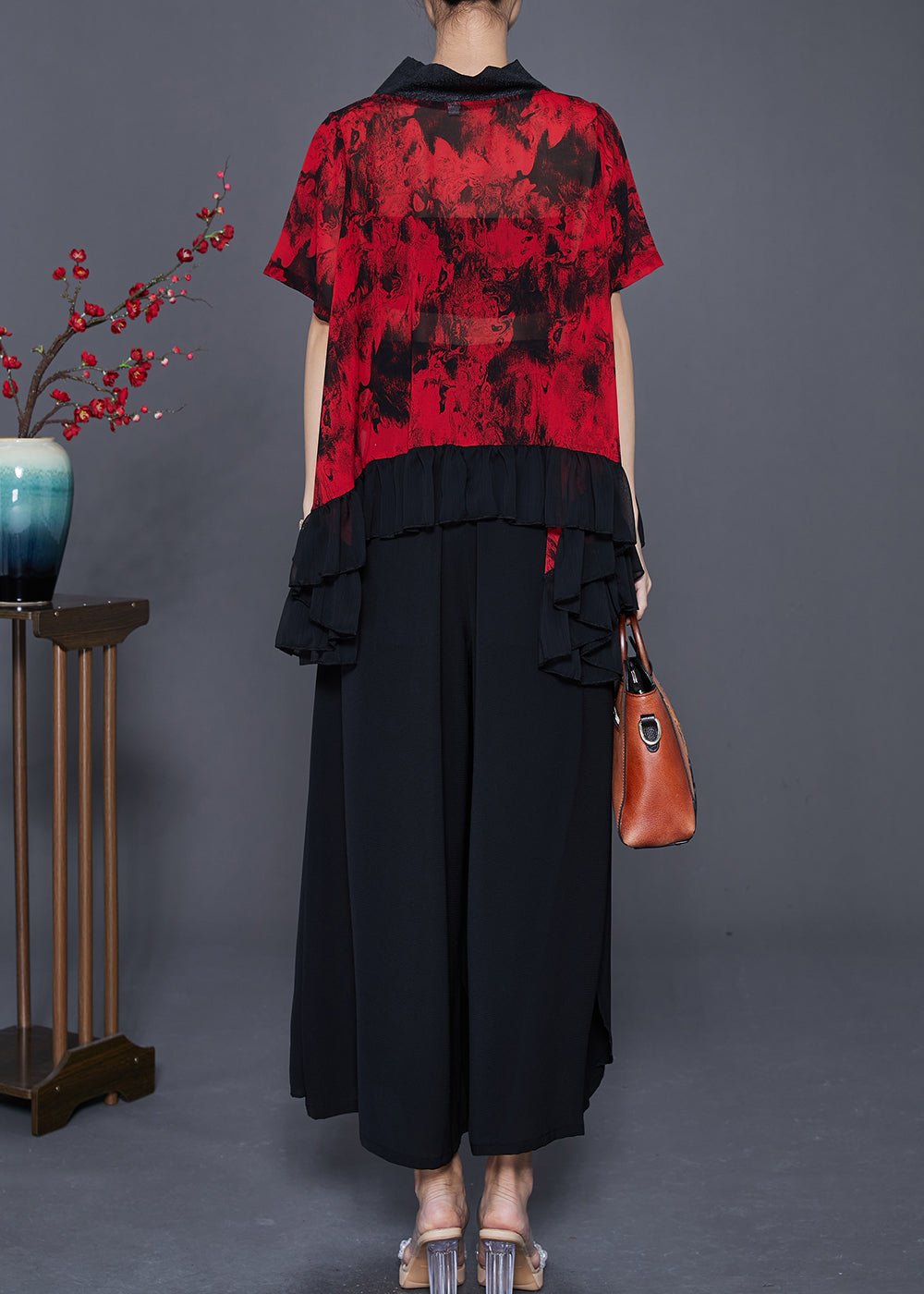 Red Tie Dye Chiffon Two Pieces Set High Neck Ruffles Summer LY7631 Ada Fashion