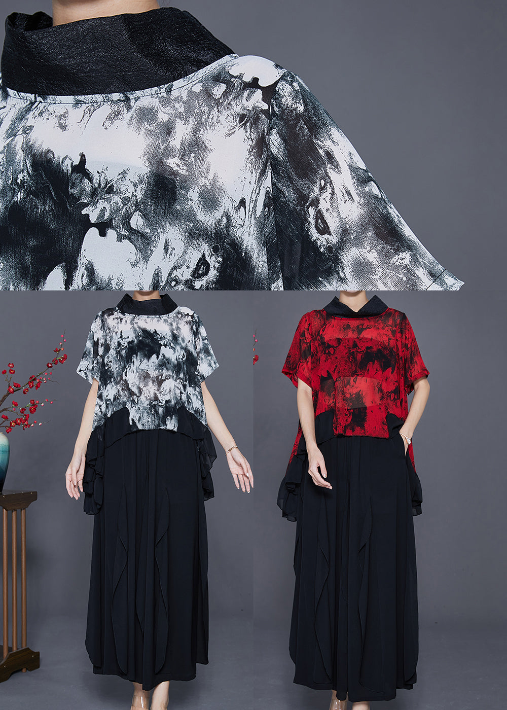 Red Tie Dye Chiffon Two Pieces Set High Neck Ruffles Summer LY7631 Ada Fashion