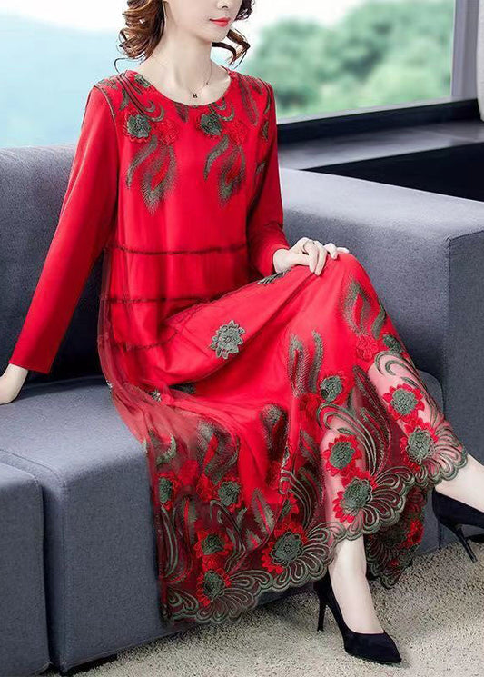 Red Tulle Long Dresses O-Neck Embroideried Spring LC0092 - fabuloryshop