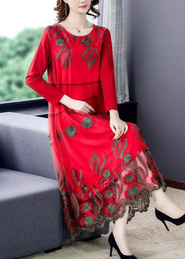 Red Tulle Long Dresses O-Neck Embroideried Spring LC0092 - fabuloryshop