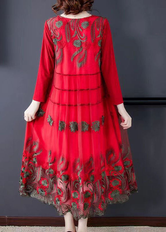Red Tulle Long Dresses O-Neck Embroideried Spring LC0092 - fabuloryshop