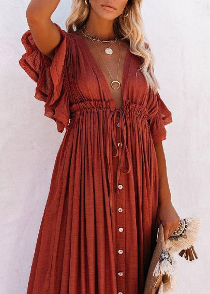 Red V Neck Button Maxi Dresses Short Sleeve LY3015 - fabuloryshop