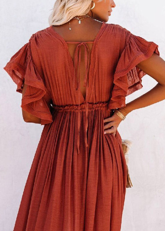 Red V Neck Button Maxi Dresses Short Sleeve LY3015 - fabuloryshop