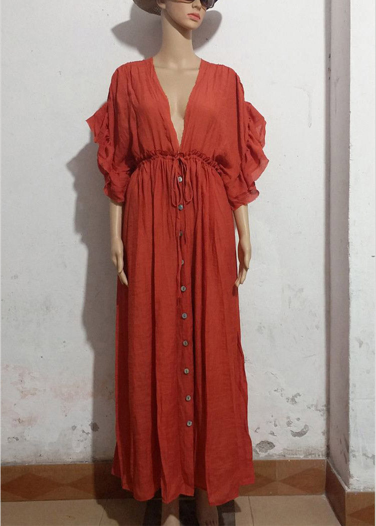 Red V Neck Button Maxi Dresses Short Sleeve LY3015 - fabuloryshop