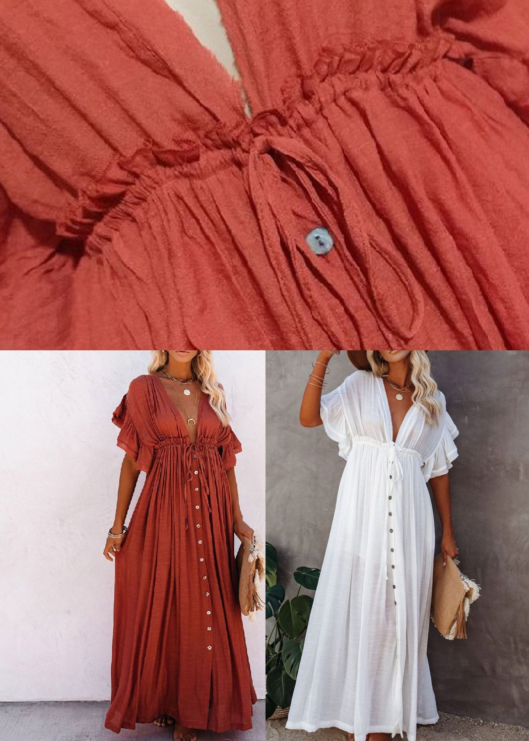 Red V Neck Button Maxi Dresses Short Sleeve LY3015 - fabuloryshop