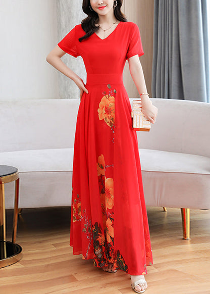 Red V Neck Slim Long Beach Dress Short Sleeve LY1704 - fabuloryshop