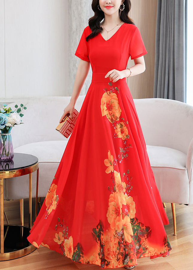 Red V Neck Slim Long Beach Dress Short Sleeve LY1704 - fabuloryshop