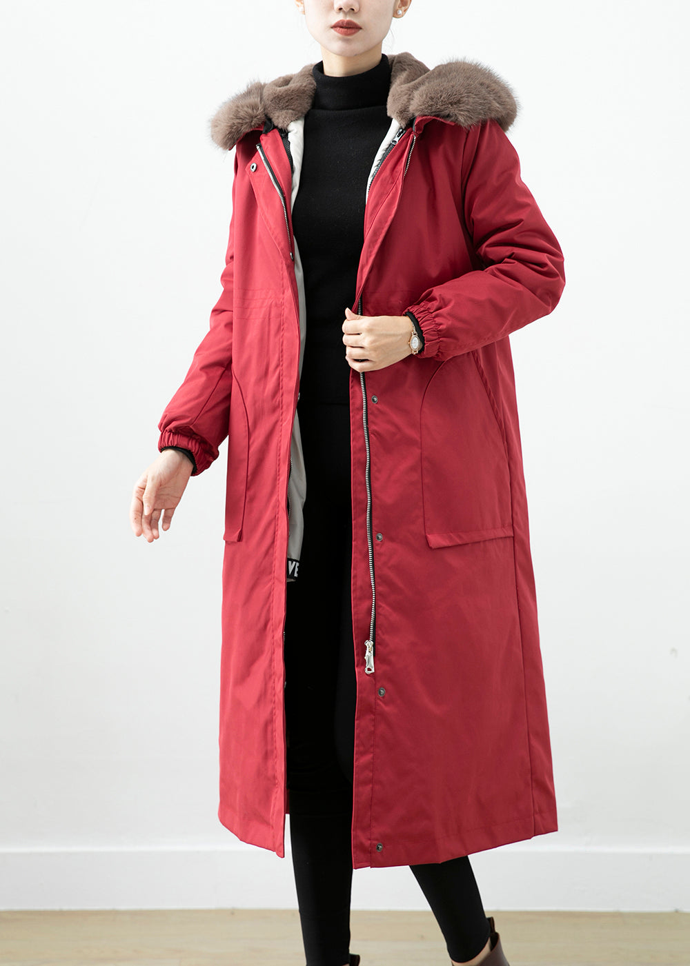 Red Warm Otter Rabbit Hair Lined Women Coats Fox Collar Witner ML2457