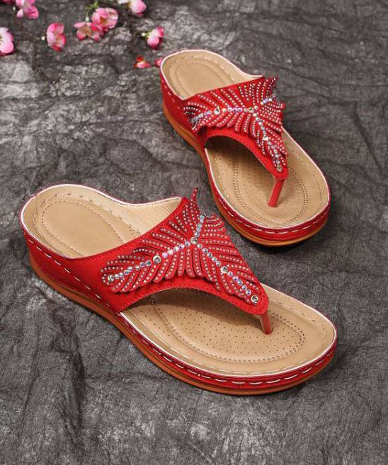 Red Wedge Faux Leather Soft Splicing Zircon Flip Flops Sandals LY2677 - fabuloryshop