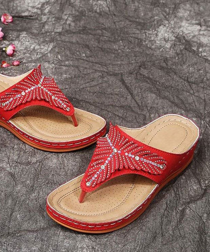 Red Wedge Faux Leather Soft Splicing Zircon Flip Flops Sandals LY2677 - fabuloryshop