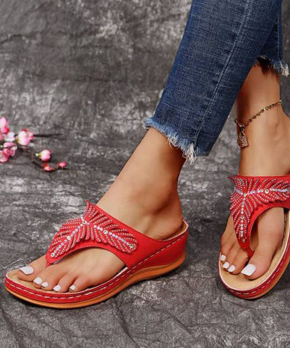 Red Wedge Faux Leather Soft Splicing Zircon Flip Flops Sandals LY2677 - fabuloryshop