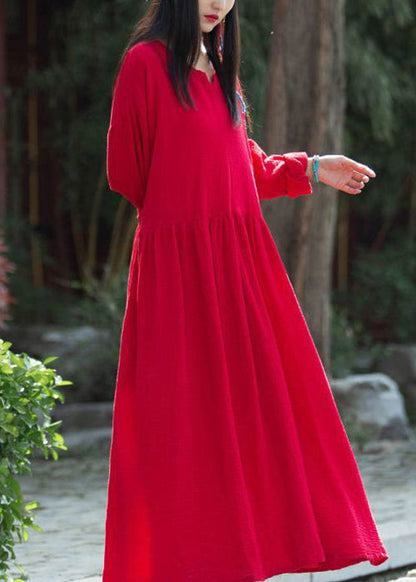 Red Wrinkled Patchwork Linen Dress V Neck Long Sleeve Ada Fashion