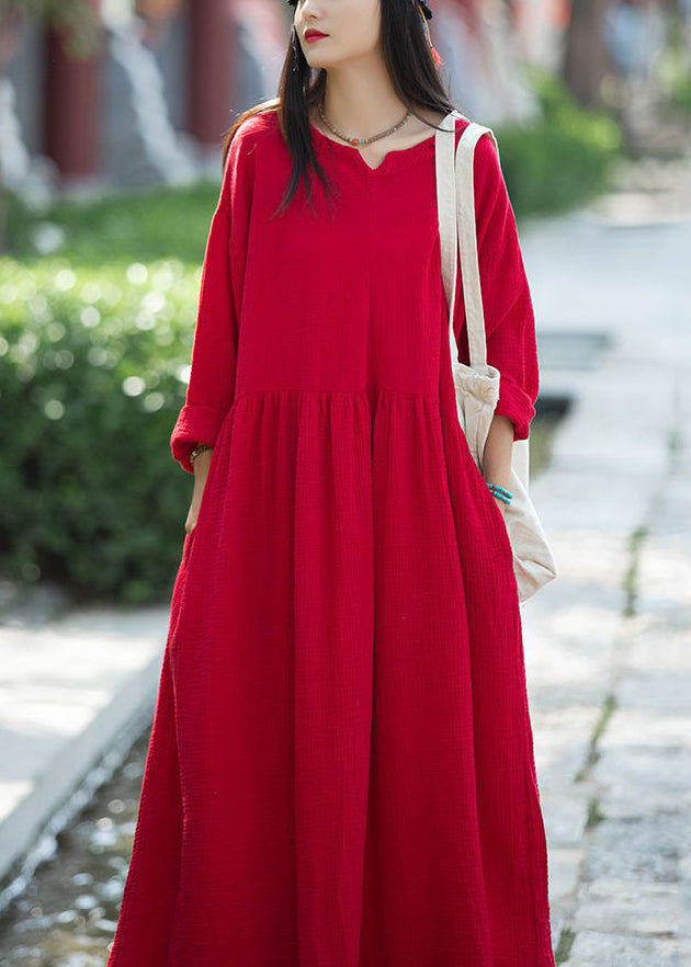 Red Wrinkled Patchwork Linen Dress V Neck Long Sleeve Ada Fashion