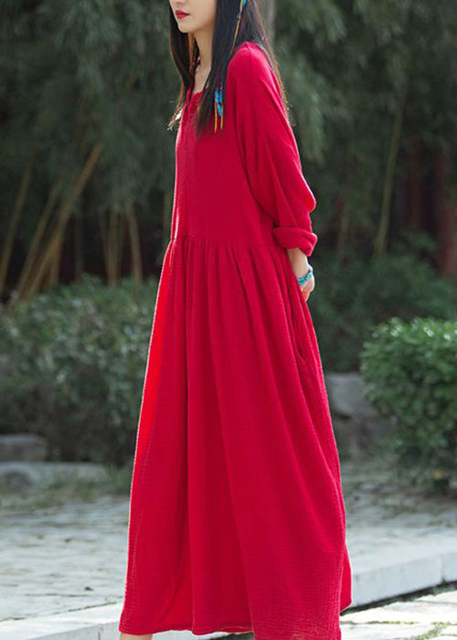 Red Wrinkled Patchwork Linen Dress V Neck Long Sleeve Ada Fashion