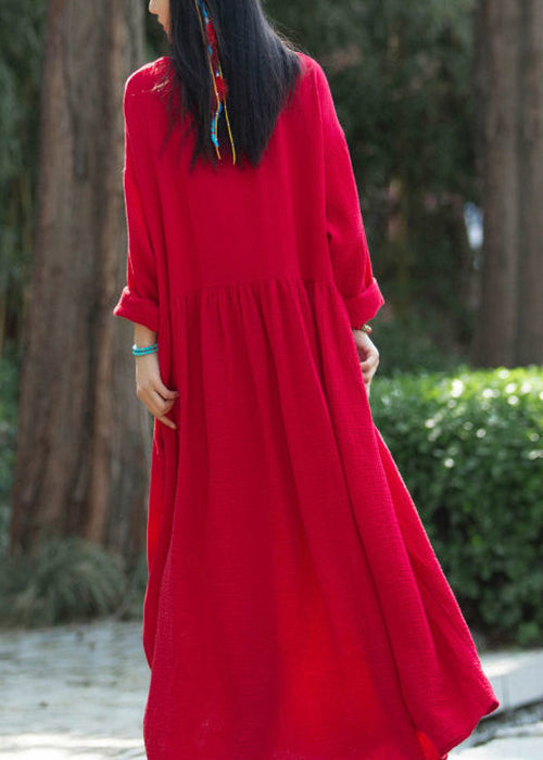 Red Wrinkled Patchwork Linen Dress V Neck Long Sleeve Ada Fashion