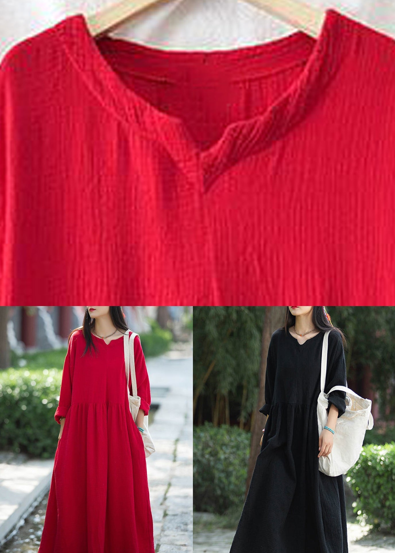 Red Wrinkled Patchwork Linen Dress V Neck Long Sleeve Ada Fashion