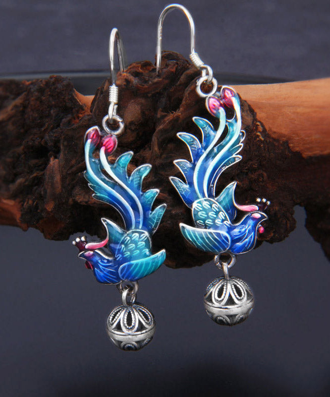 Regular Blue Sterling Silver Cloisonne Phoenix Drop Earrings LY2307 - fabuloryshop